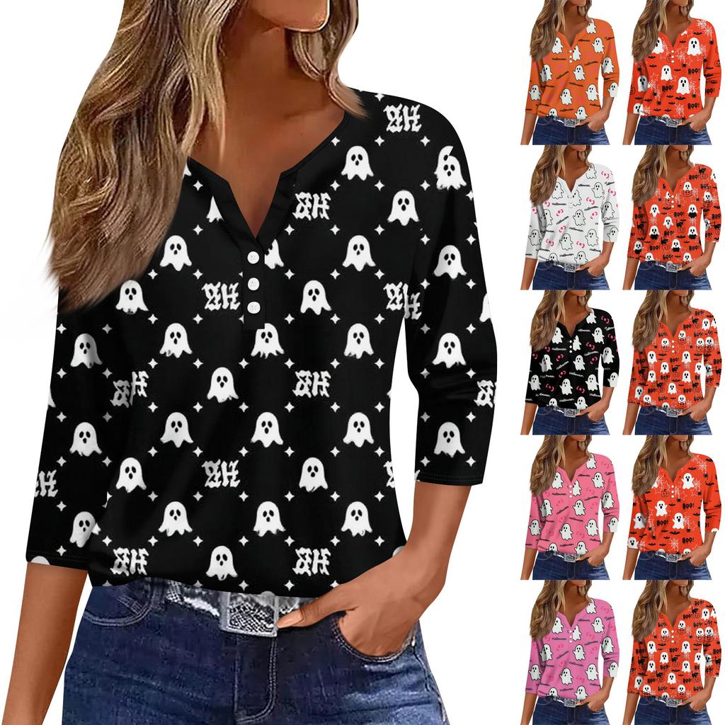 Women's T Shirt Tee Print Button 3/4 SleeveDaily Weekend Fashion Basic V- Neck Regular Top
