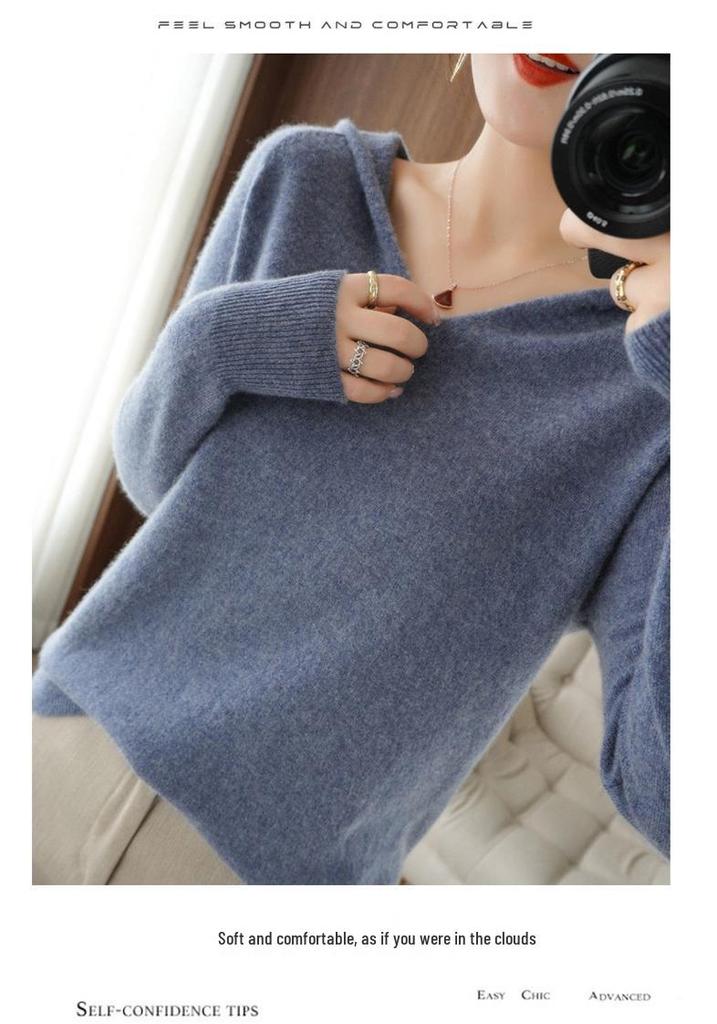2026 Women's Solid Color Pure Wool Hooded Knit Sweater – Autumn/Winter Cashmere Base Layer Hoodie.