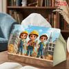 2D Flat 1pc, Tissue Box. Construction Site Little Worker Pattern Napkin Paper Dispenser, Reusable, Daily Desktop Tissue Storage Box, Suitable for Kitc
