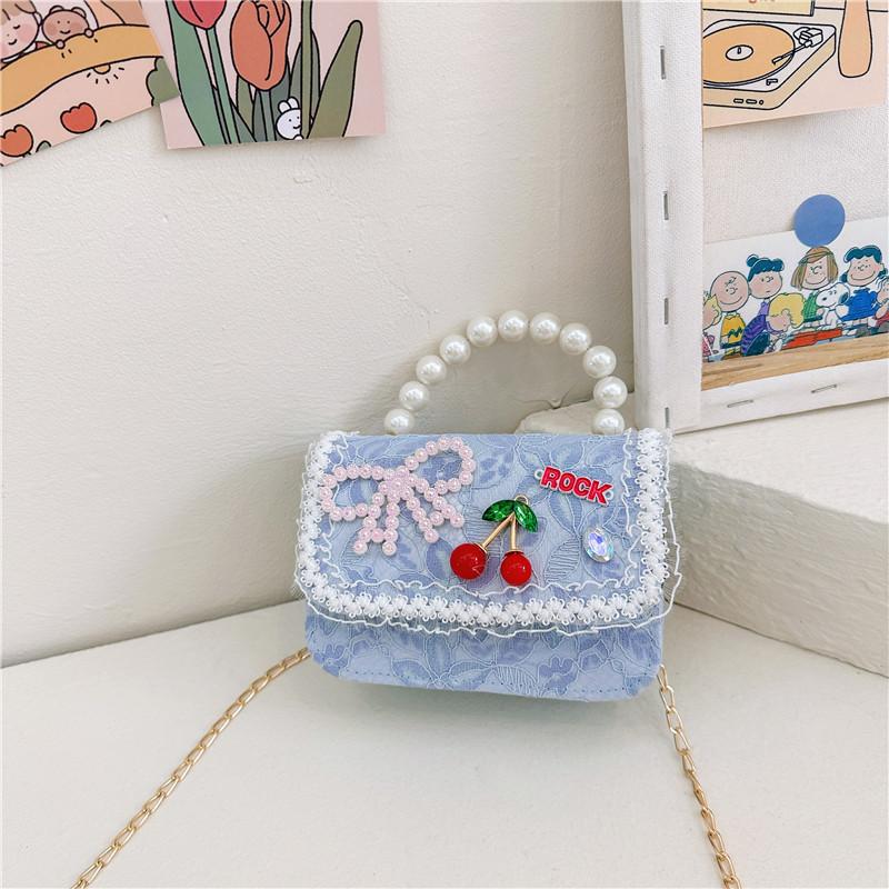 Stylish Lace Princess Mini Pearl Handheld Purse For Girls With Floral Patterns And Breathable Polyester