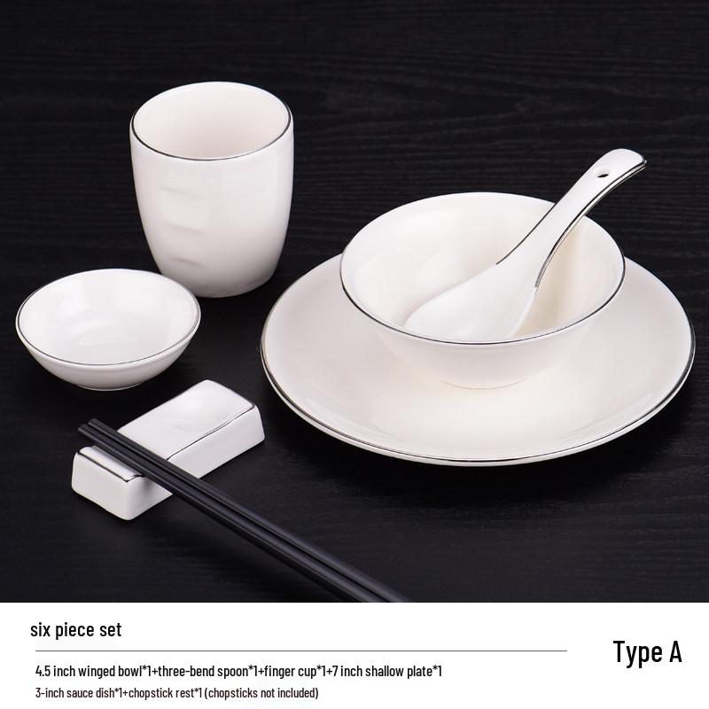 Elegant Ceramic Tableware Set: White with Platinum Rim - Includes Plates, Bowls, and Dishes for Restaurants or Clubhouses, Available in 3 or 4 Pieces