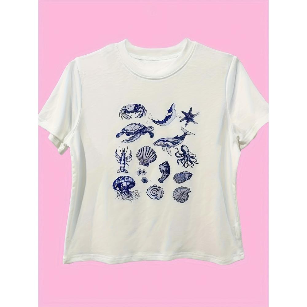 Ocean Animals Print Crew Neck T-shirt Short Sleeve Casual Top for Spring Summer Clothing Harajuku Short Sleeve Aesthetic Clothes