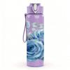 1PC Soft Blue Rose Floral Art Print 750ml Color Plastic Sports Water Bottle Leakproof Flip Straw Lid Suitable for Sports Office Home Use
