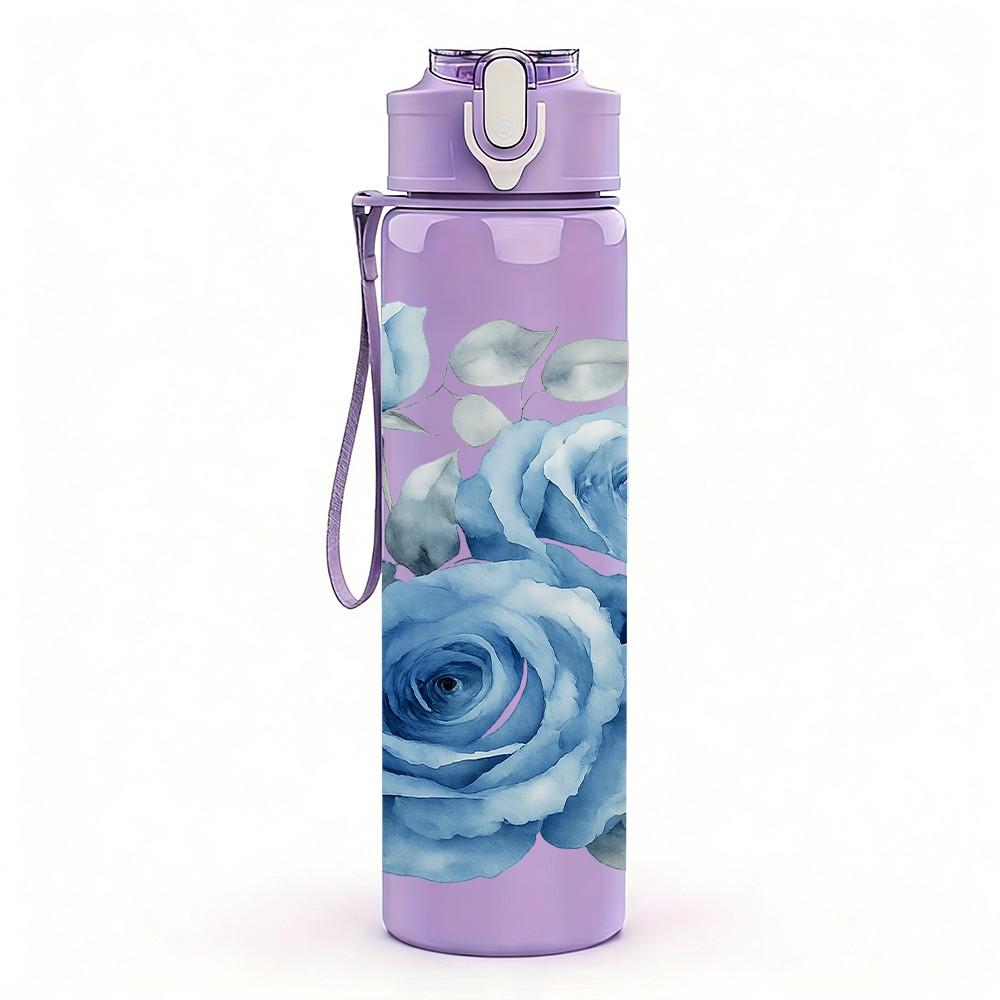 1PC Soft Blue Rose Floral Art Print 750ml Color Plastic Sports Water Bottle Leakproof Flip Straw Lid Suitable for Sports Office Home Use