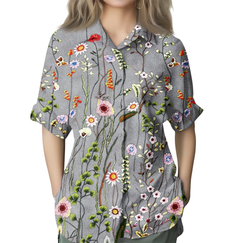 Women's Fashion Seven Sleeve Casual Lapel Back Tie Shirt Printed T-Shirt Top