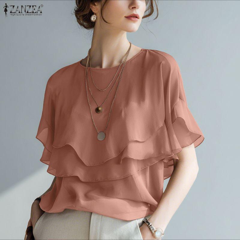 ZANZEA Women Casual Round Neck Loose Ruffles Short Sleeve Blouse