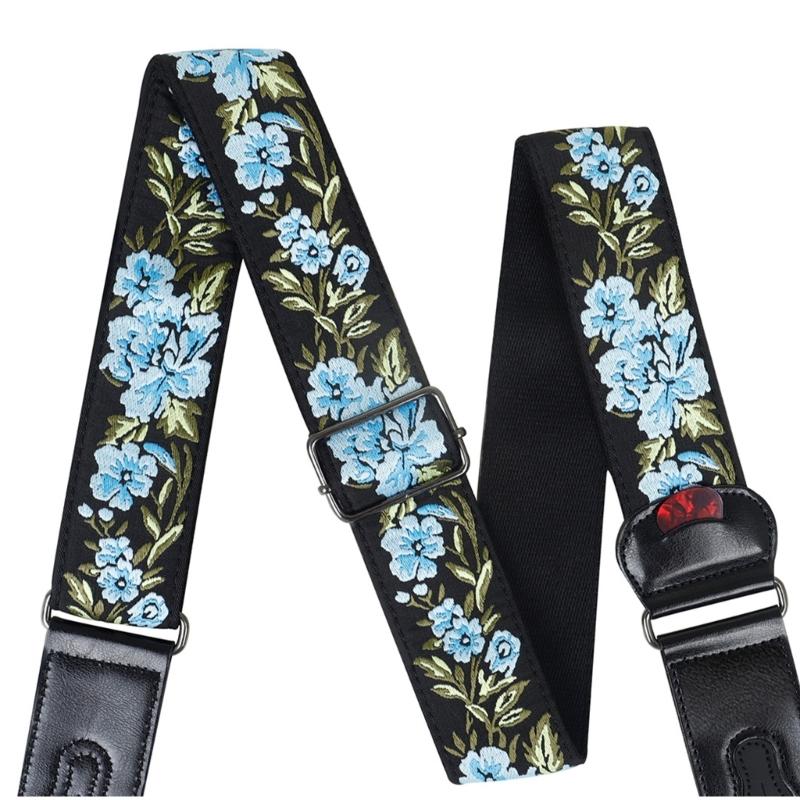 National Style Guitar Strap with Pick Pocket Adjustable Soft Cotton Shoulder Strap Leather Ends Guitar Straps