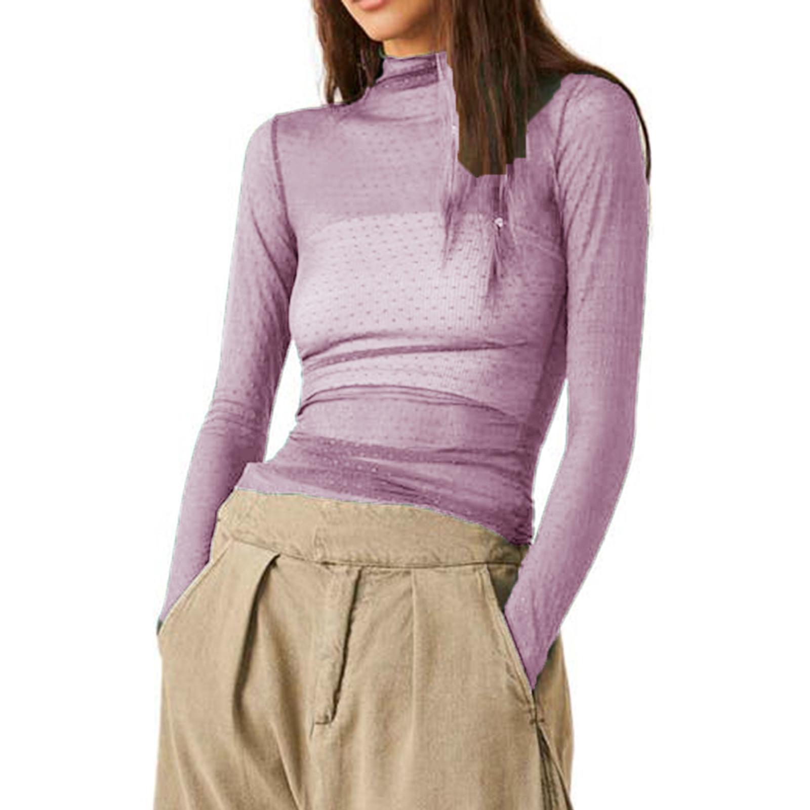 

Женская футболка, водолазка с длинным рукавом и узором Swiss Dots, прозрачные облегающие прозрачные топы, клубная одежда XL фиолетовый