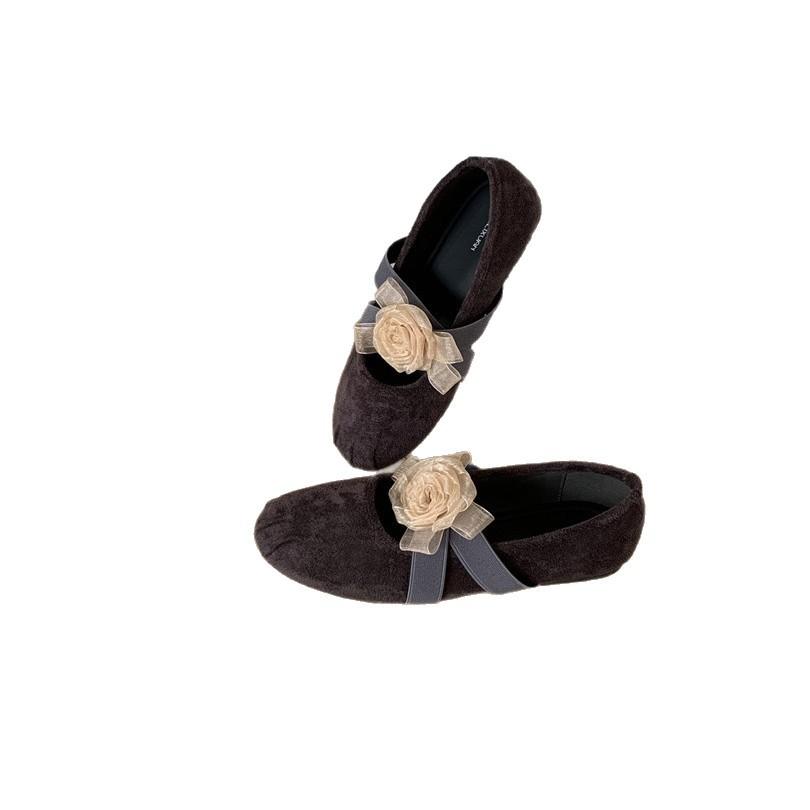 French Camellia Mary Jane Shoes Women's 2025 Spring and Autumn New Cross Flat Inner Height Increase Ballet Shallow Mouth Single Shoes