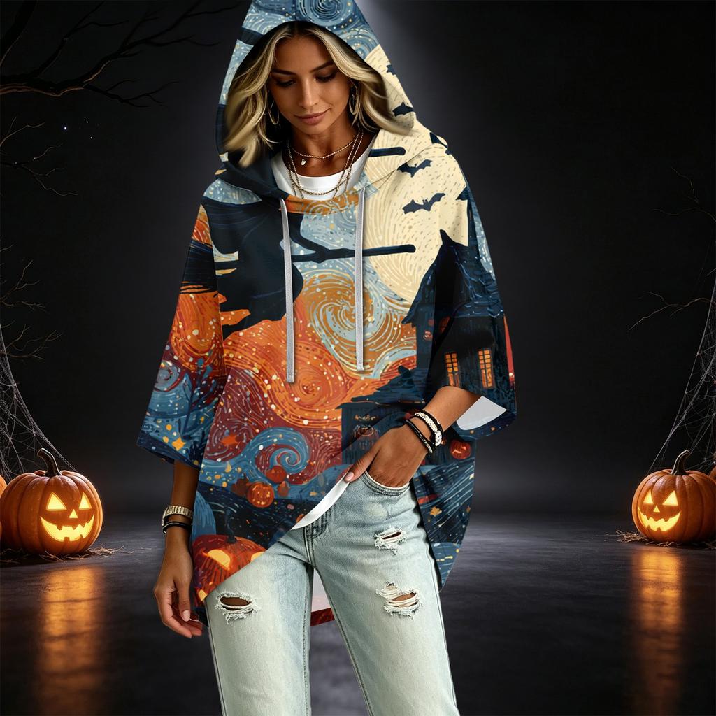 Women's Casual 3/4 Sleeve Halloween Print Hooded Pullover Top for