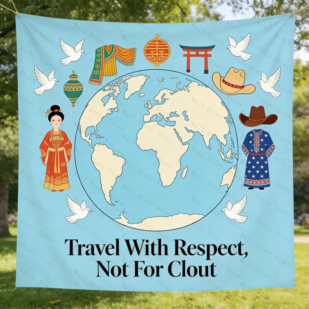 

Travel With Respect Not For Clout Tapestry Global Culture Wall Art Boho Dorm Decor Ideal For Travel Lovers EcoFriendly Fabric 74x94cm(29x37in)