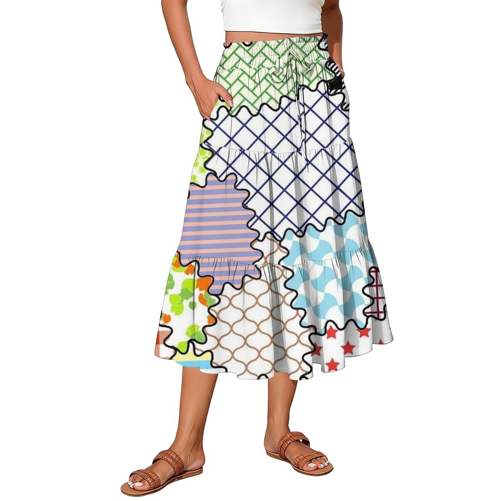 Falda casual de mujer con estampado de cuadros y cintura elástica con cordón