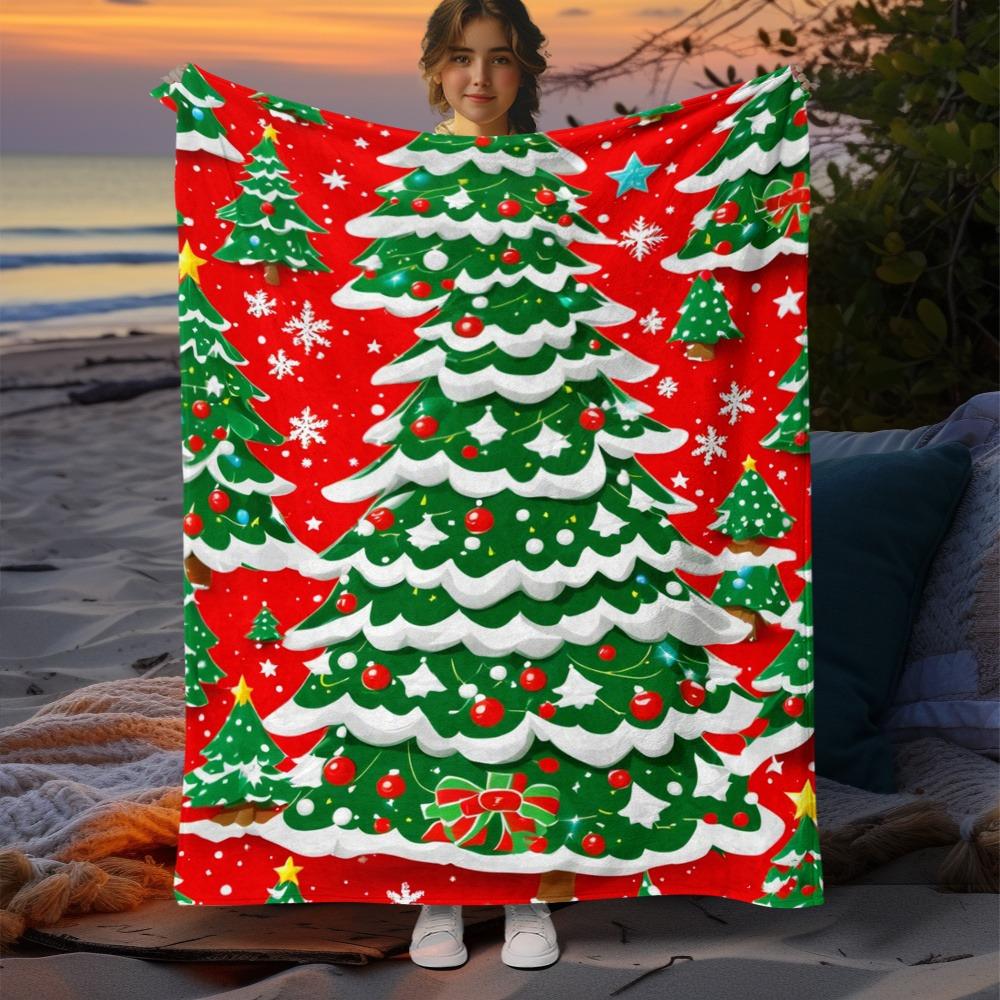 1 Plush Flannel Christmas Snow Print Blanket - Comfortable and lightweight beige-friendly, perfect for the office, chair