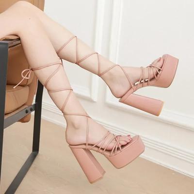 Square Head Open Toe 5CM Platform Womens Gladiator Shoes Thin Band Cross Strap Thick High Heels Party Pole Dance Sandals