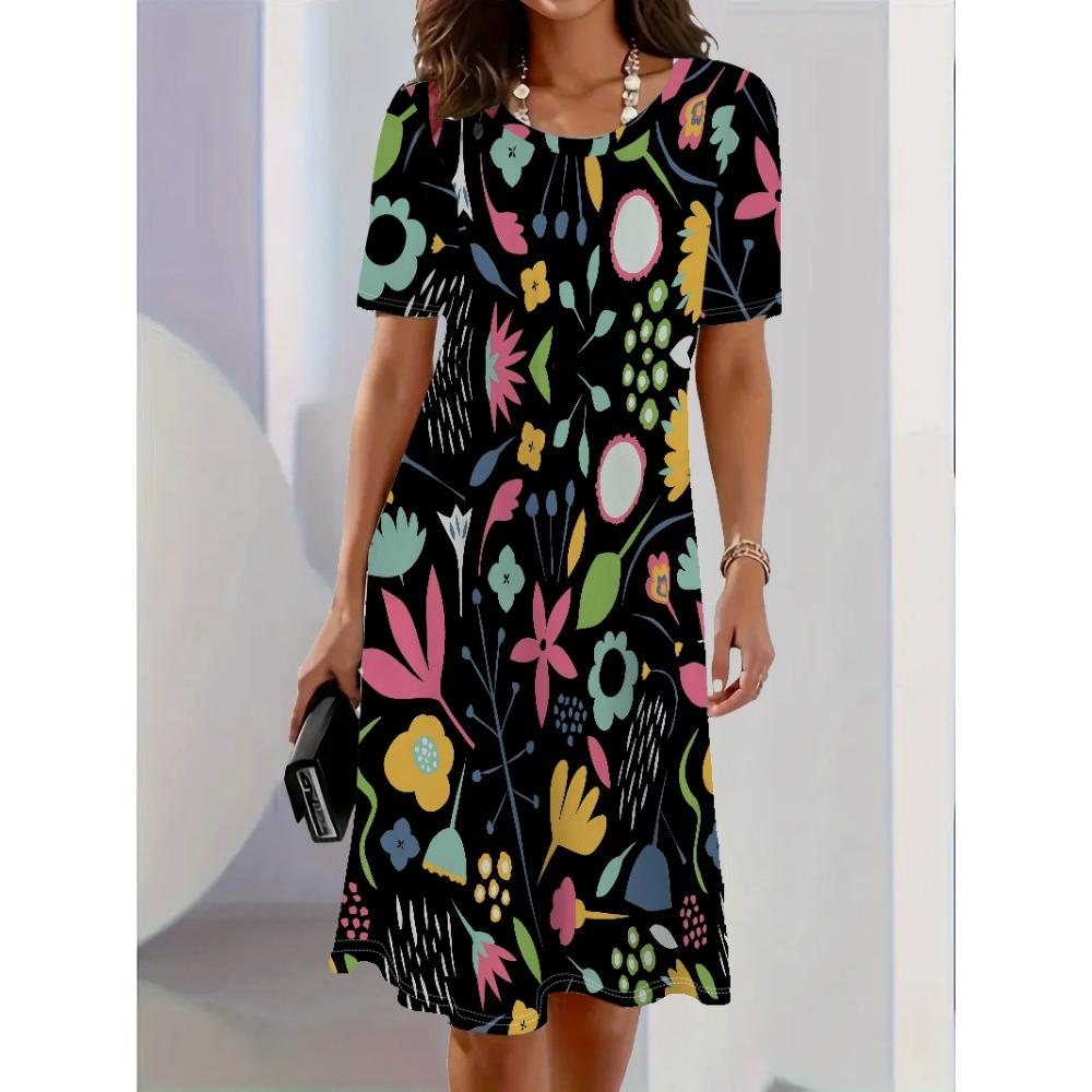 Women Dress Fashion Flower Pattern Printing Summer New Temperament Elegant Casual Women A-Line Dress Short Sleeve Mini Dress