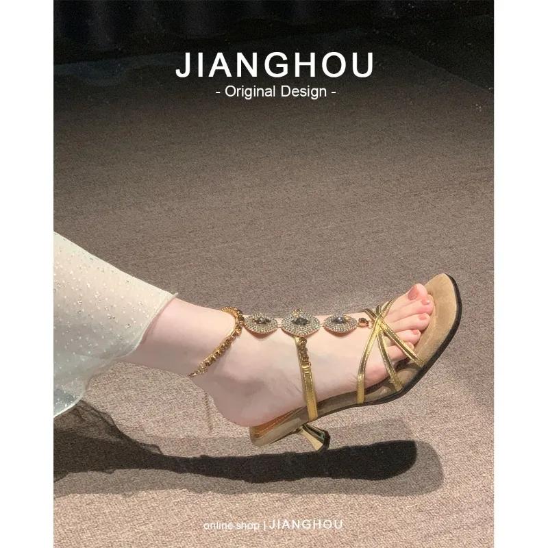 Fashion 2025 Fashion Women's Sandals Square Toe Chain Thick Mid Heels Cow Split Leather Crystal High Quality Summer Shoes