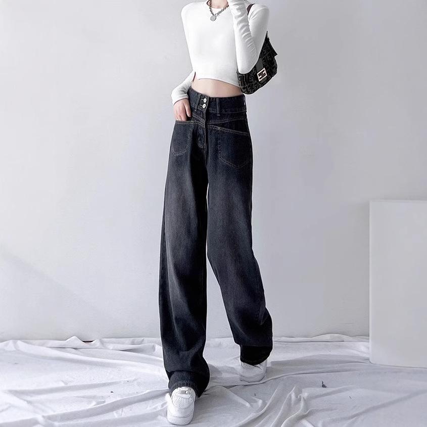 Women's Black High-Waist Wide-Leg Jeans - Autumn 2025 Trendy Loose Slim-Fit Pants