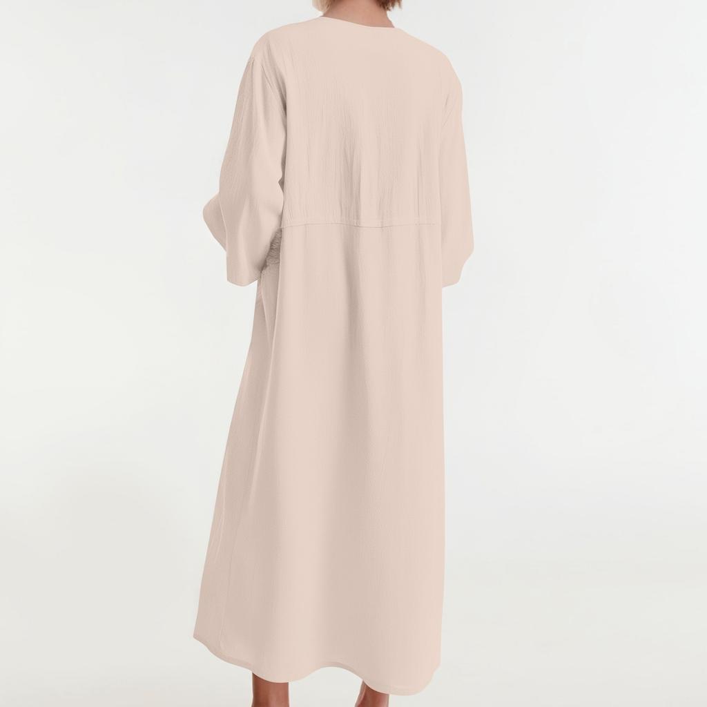 Dámské Módní Barevné Kulatý Výstřih Bavlna Len Dlouhý Rukáv Ležérní Skládané Oboustranné Kapsy Šaty