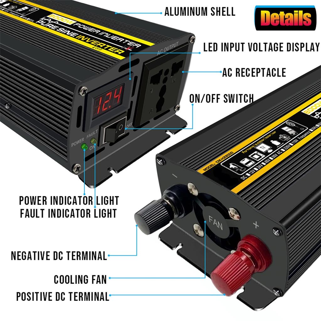 LCD Display Solar Power Inverter 12V 24V To 110V/220V Pure Sine Wave Voltage Transformer Car Charge Converter 8000/10000W