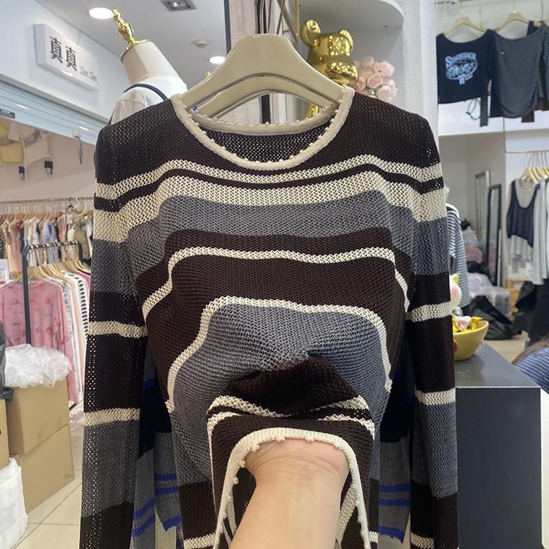 Contrasting Stripes Hollow Long Sleeve Knitted Sweater Women's Autumn and Winter New Fashion Age Reduction Women's Bottom Sweater