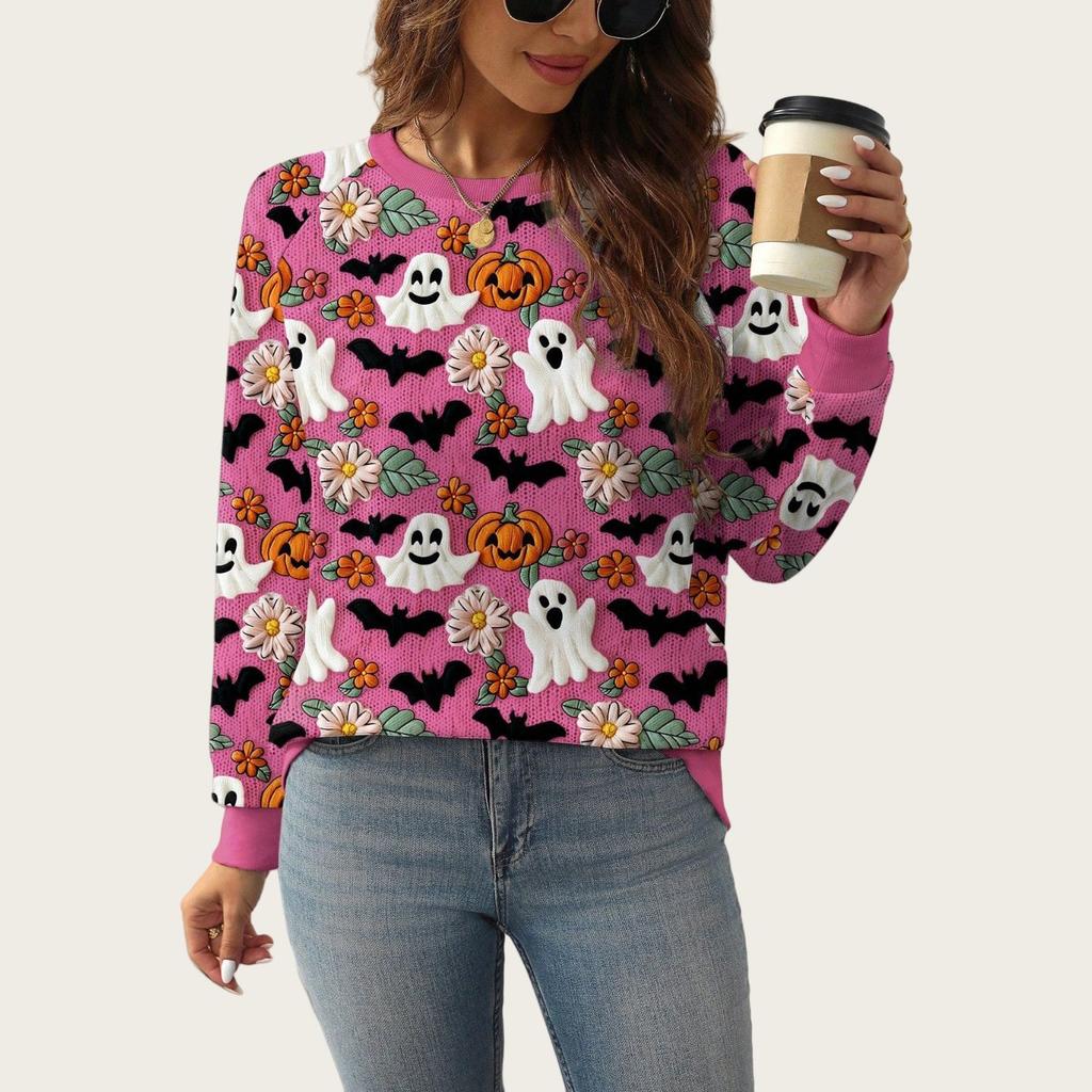 Ladies Spring Autumn Ghost Pumpkin Halloween O Neck Long Sleeve Pullover Hoodies Sweatshirt Top