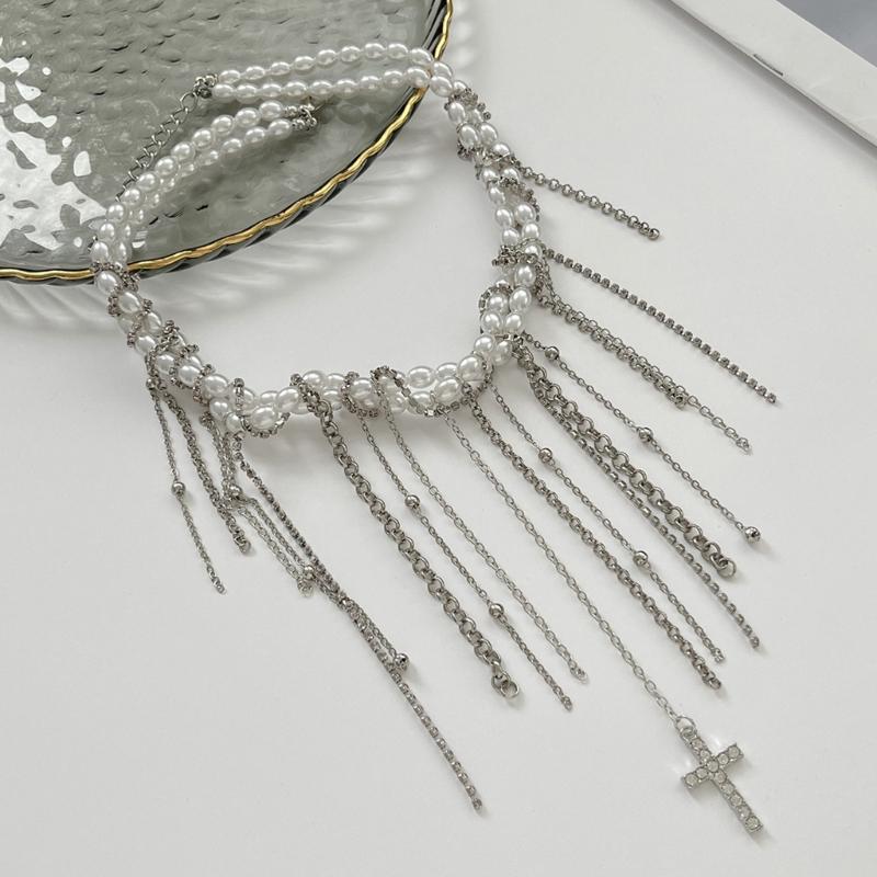 X6HE Sweet Cool Heart Star Moon Tassels Pendant Necklace For Women Fashion Jewelry Collarbone Length Imitation Pearls