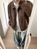 American Retro Brown Lapel Coat Women's Spring and Autumn Imitation Suede PU Couple Jacket Top