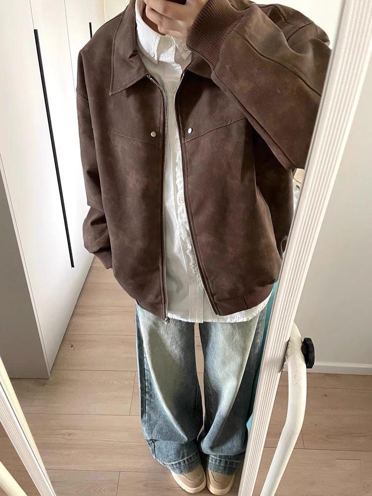 American Retro Brown Lapel Coat Women's Spring and Autumn Imitation Suede PU Couple Jacket Top