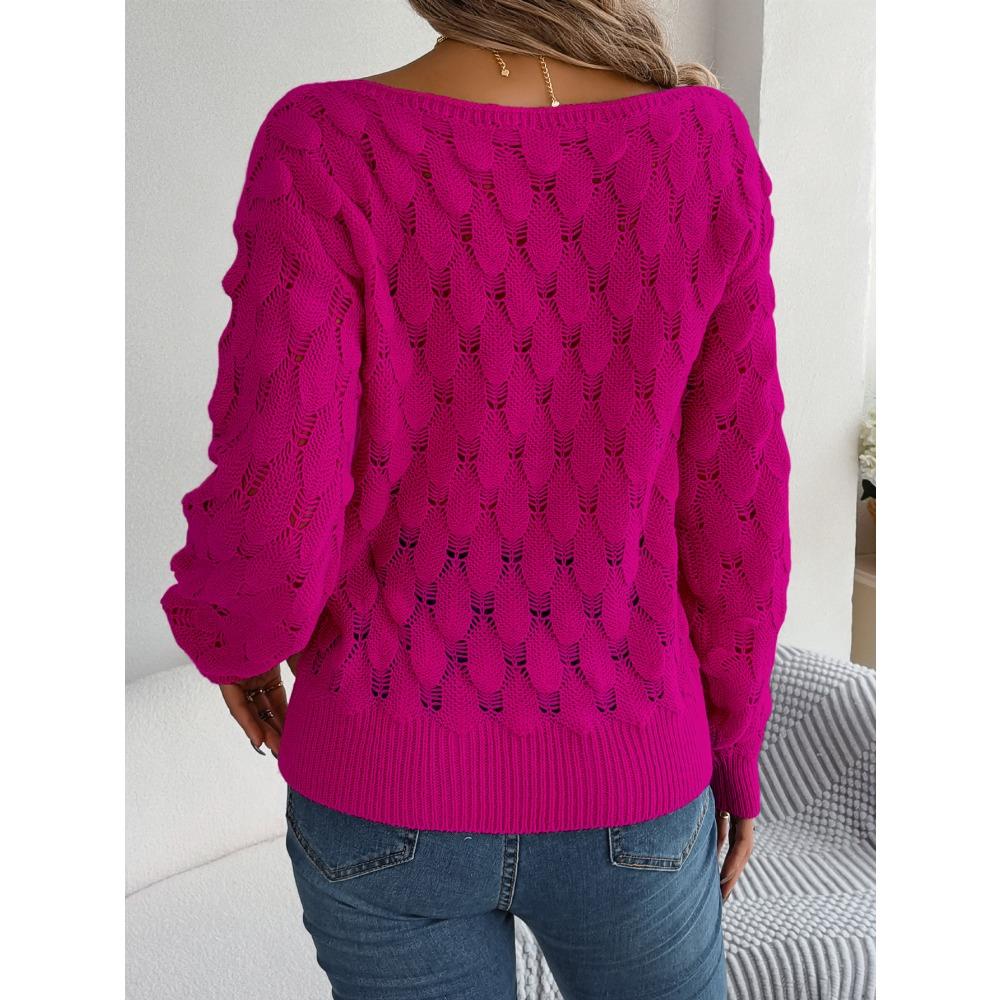 Autumn/Winter Women's Knitted Sweater Casual Feather-Patterned Openwork Off-the-Shoulder Sweater Featuring Bell Sleeves