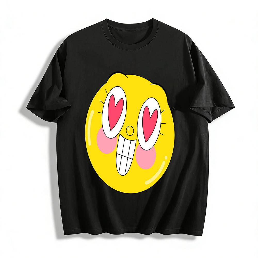 Heart Eyes Smiley Face Print T-shirt Casual Loose Fit Cute Cool Style Daily Wear Top For Teens Pure cotton T-shirt XXS