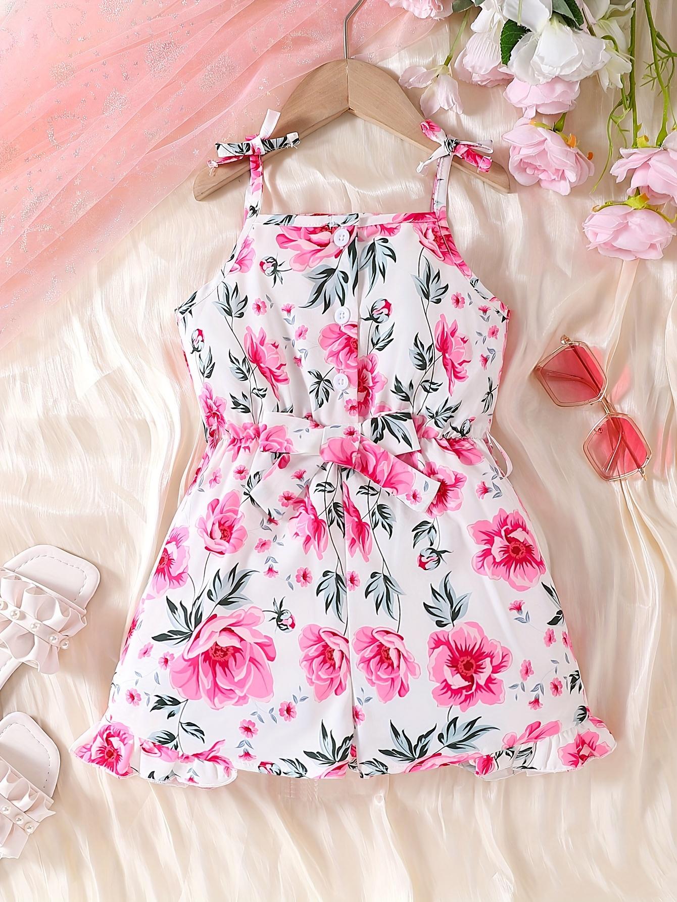 Summer girls  one-piece pants with small bows and suspenders, pink flowered one-piece shorts, light and fresh fashionable clothing 2-3Y розовый