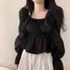 Camicia da Donna Dolce Stile Coreano per Primavera/Autunno, Scollo Quadrato, Vita Legata, Maniche a Campana Arricciate, Modellante