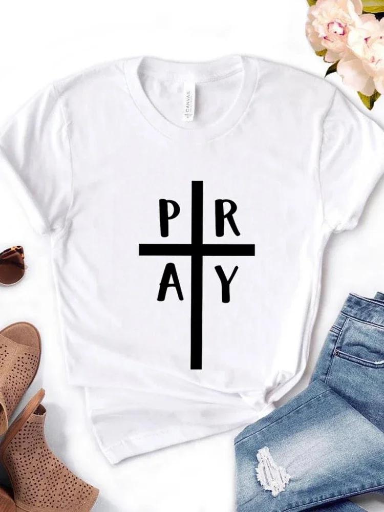 Pray Cross Jesus Print Women T Shirt Short Sleeve O Neck Loose Women Tshirt Ladies Fashion Tee Shirt Tops Clothes