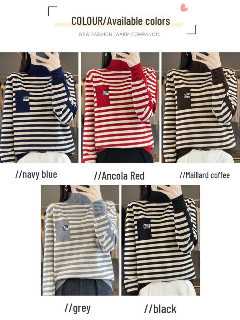 Casual Plus Size Striped Knit Sweater – Slimming Half High Neck Loose Fit Top