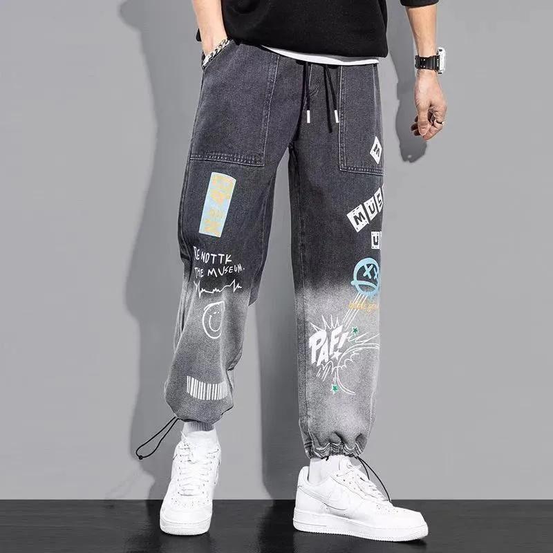 Spring Autumn Jeans Men's Letter Print Graffiti Harem Jeans Loose Cartoon Graffiti Drawstring Trousers Hip Hop Casual Streetwear Jogging Pants