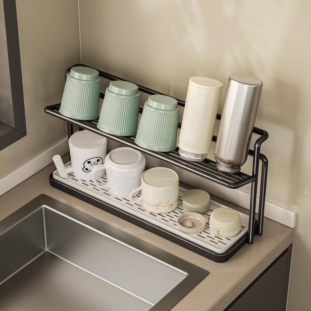 2 Layer Bottle Drying Rack Cups Storage Rack with Drain Tray, Mug Organizer for Kitchen, Coffee Mug Holder for Kitchen Counter