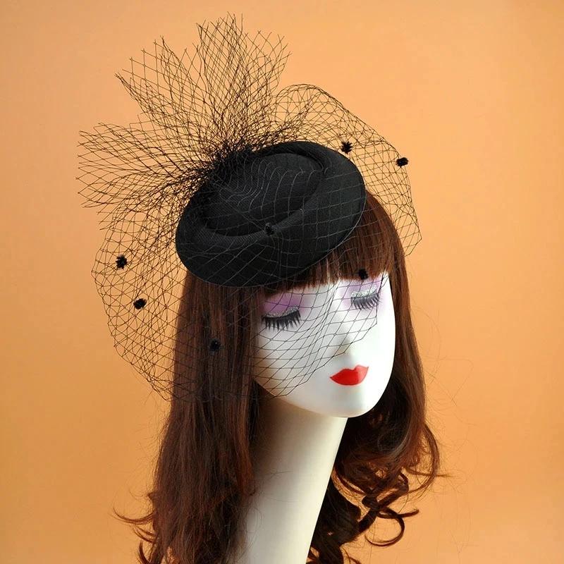 Black Veil Small Top Hat Hair Accessories Retro Woolen Material Dinner Party Headdress Bride Headpiece Headband Jewelry
