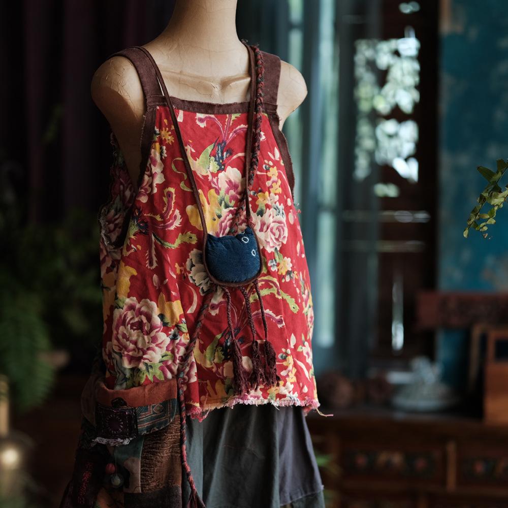 

Johnature, летние женские льняные свободные топы с квадратным воротником, винтажные повседневные топы без рукавов с принтом и принтом One Size красный