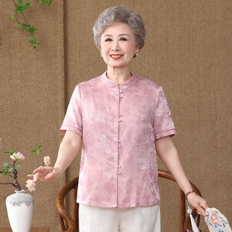 New Chinese Style Floral Print Summer Shirt for Middle-aged Women