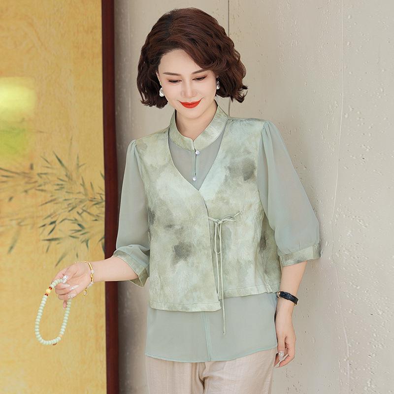 

Летняя шифоновая блузка в западном стиле 2025 года для женщин среднего и пожилого возраста - рукав средней длины, дизайн «два в одном» 4XL (130-140 jin) зелёный