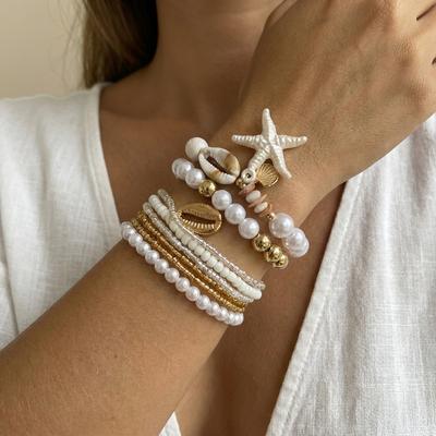Stackable Starfish Shell Elastic Bracelet Set for Women Dainty Imitation Pearl Beaded Bracelet Vacation Party Jewelry Gift