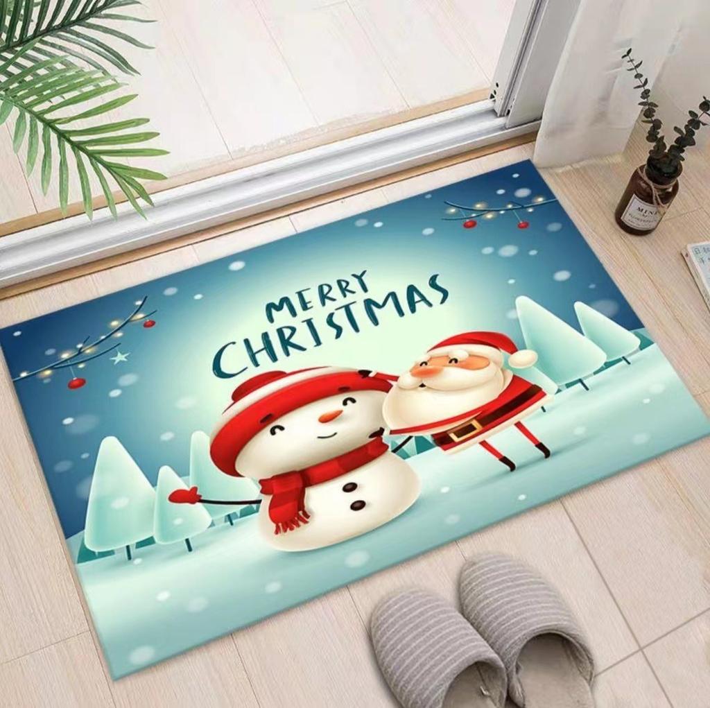 Christmas Themed Door Mat with Santa Claus Elk Snowman Pattern Non Slip Absorbent Indoor Outdoor Welcome Mat for Home Decor