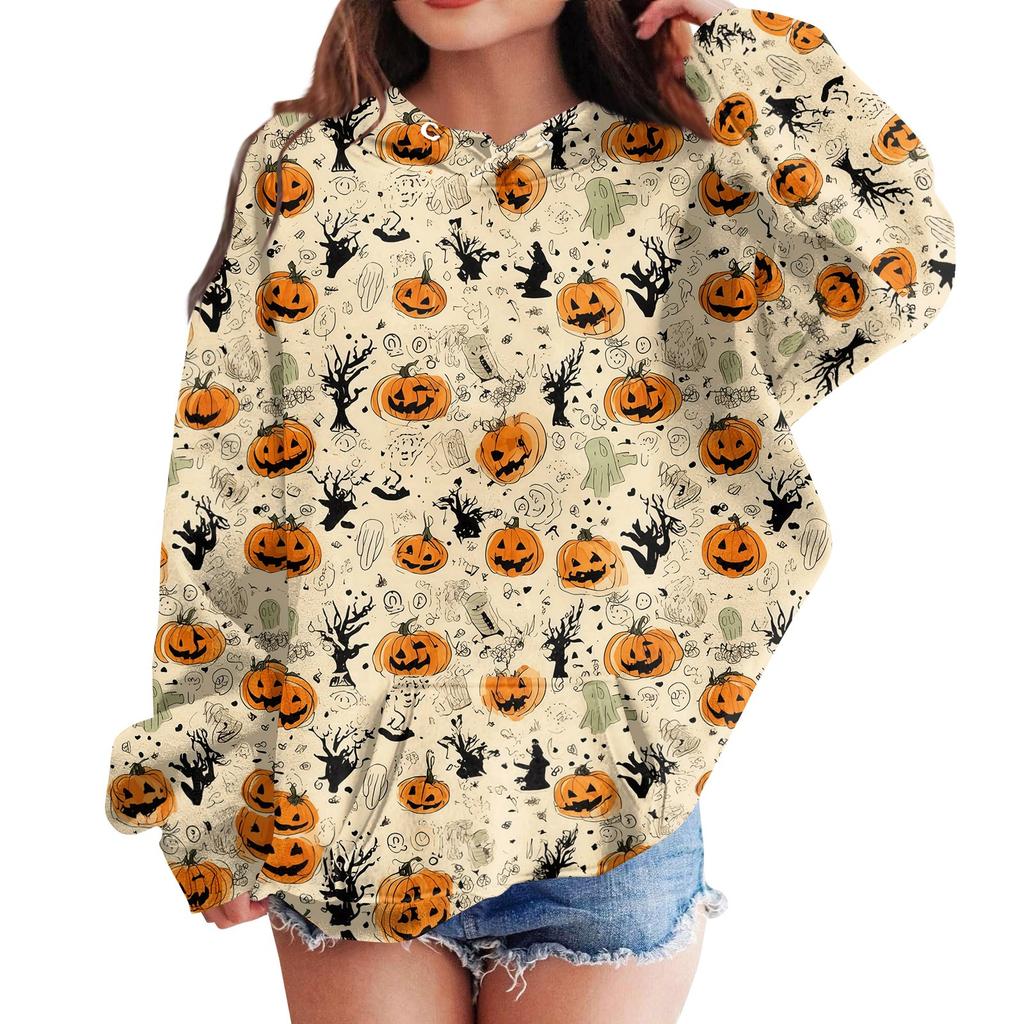 Kids Casual Hooded Sweatshirt with Halloween Print Pullover for Daily Wear