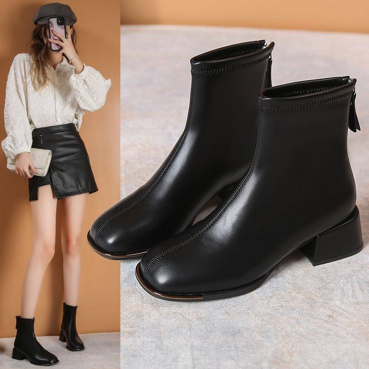 Temperament square head side zipper thick heel short boots women's 2024 autumn and winter new versatile washed pattern retro fashion