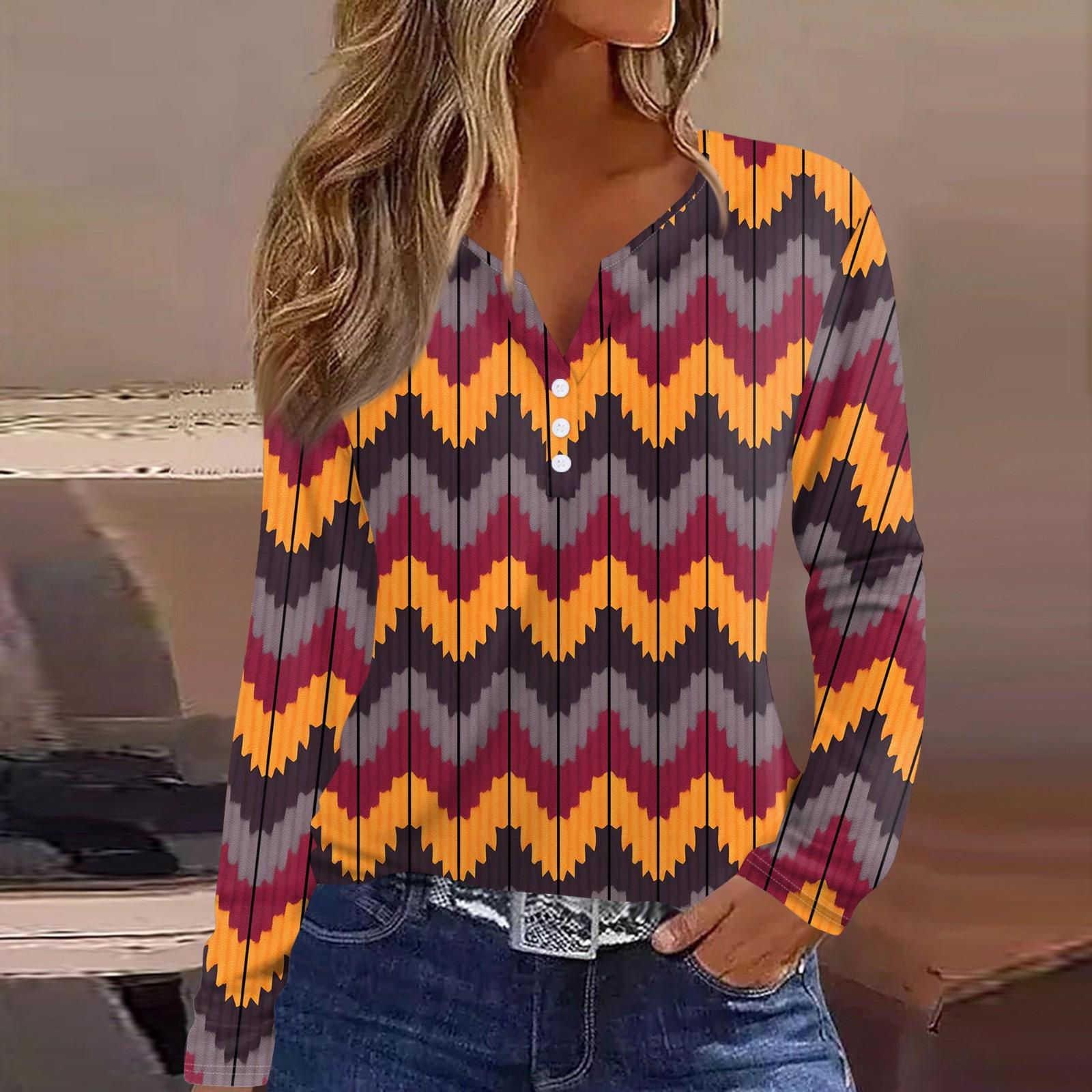 

Женская футболка Футболка на пуговицах с длинным рукавом Повседневные выходные Мода Классический V-образный вырез Ретро-принт Обычный топ