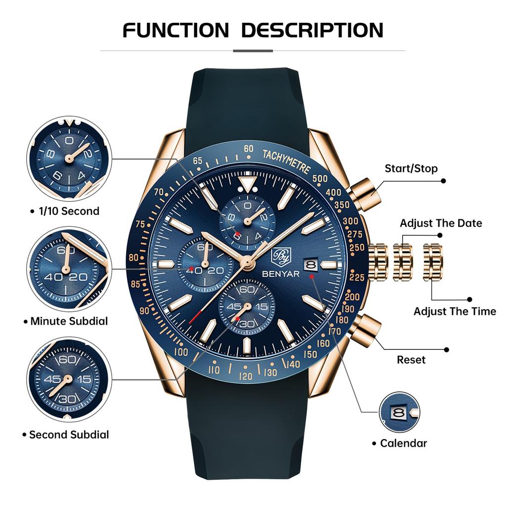 BY BENYAR Chronograph Analog 30M Water Leather Strap Quartz Blue Gift for Men Men's Watch, Resistant, Simple, Stylish, Popular, Formal, Movement,
