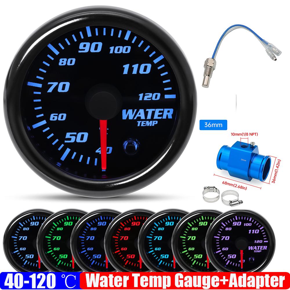 Smoked Face 7 Color Light 52mm Water Temperature Gauge with Temp Joint Pipe Sensor 26-40mm Hose Adapter for Gasoline Car 12V
