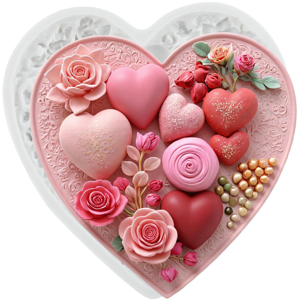 Heart Silicone Molds Love Heart Rose Flower Fondant Mold Relief Flower Mold Cake Decorating Tools Cupcake Topper Candy Chocolate Gumpaste Mold