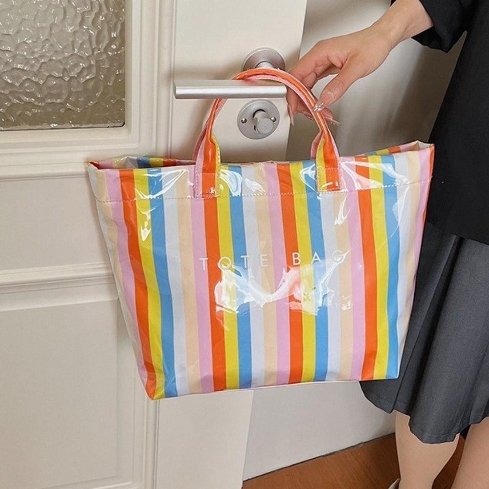 Large Capacity Striped Tote Bag Colorful Shoulder Bag Multi-Functional PVC Handbag Daily