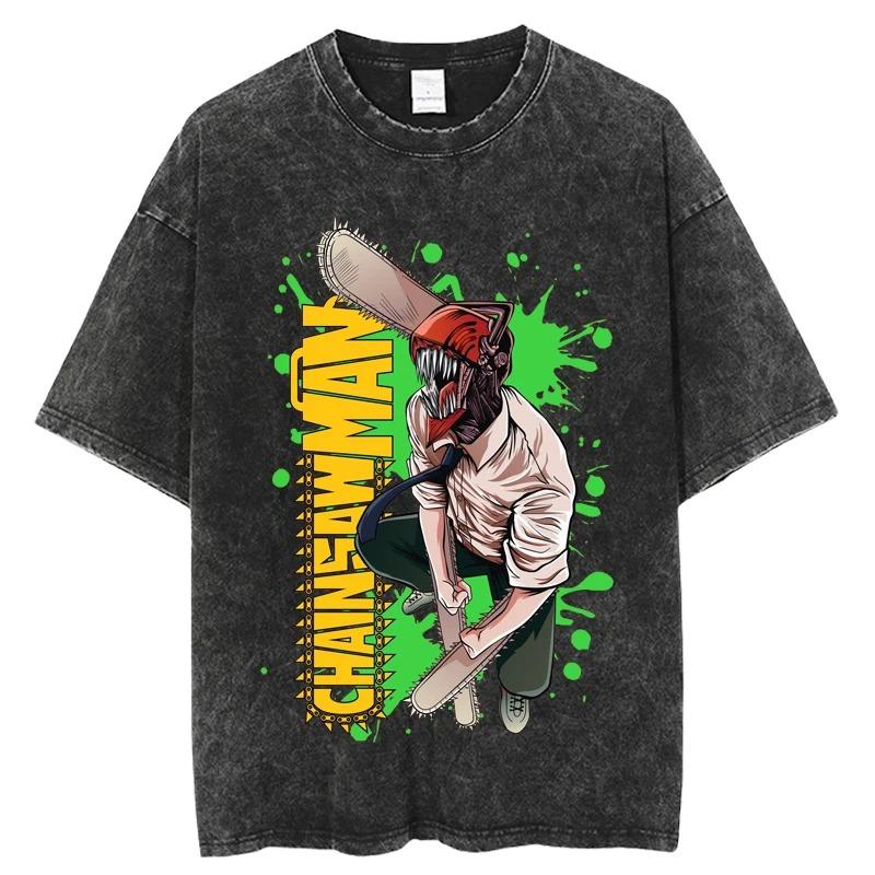 Chainsaw Man Power & Cat Blood Splatter Vintage Washed Anime T-Shirt, Unisex Manga Fan Streetwear Tee, 100% Cotton Casual Short Sleeve Top